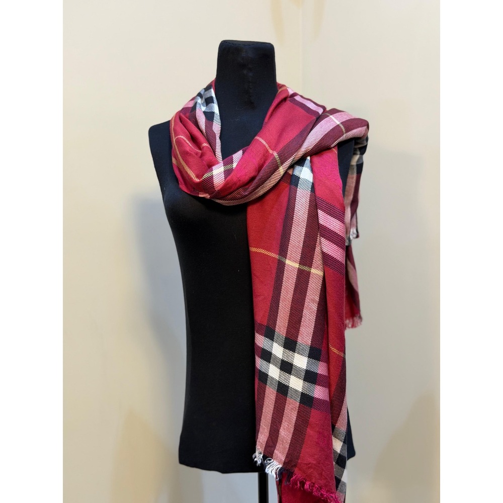 Burberry London Red Cashmere Silk Oversized Check Scarf Wrap Made in Italy